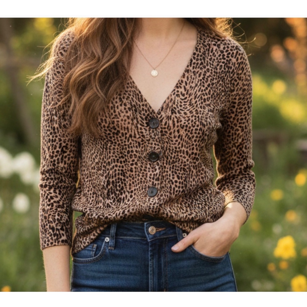 Judith Hart Collection Silk Blend Leopard Print Cardigan Sweater XL Tan Brown